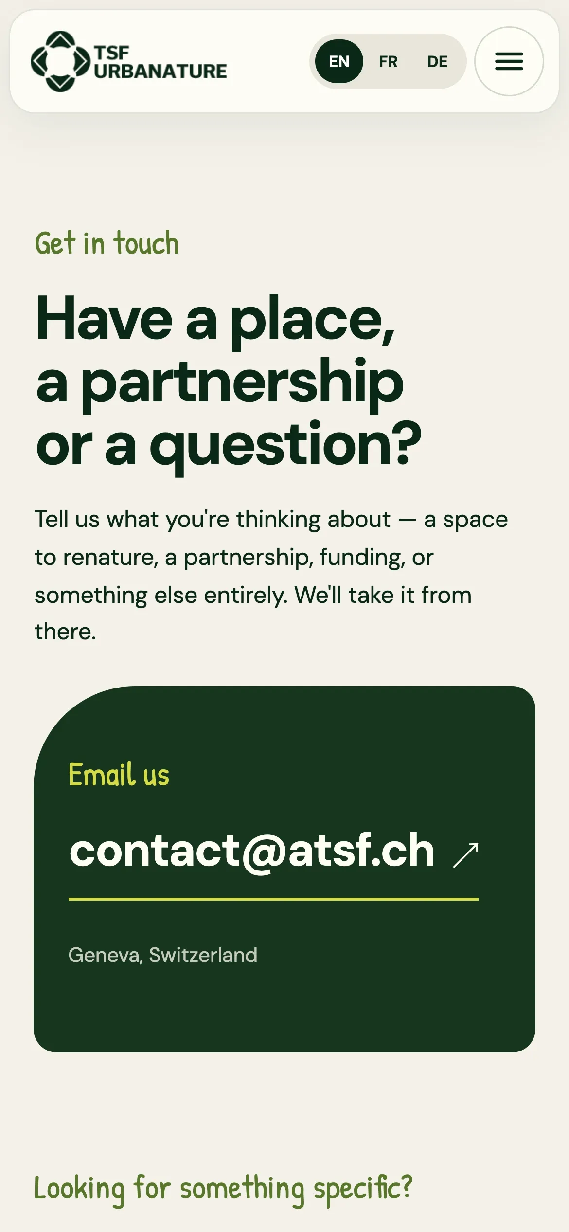 Contact page on a phone: “Have a place, a partnership or a question?” and the email address.
