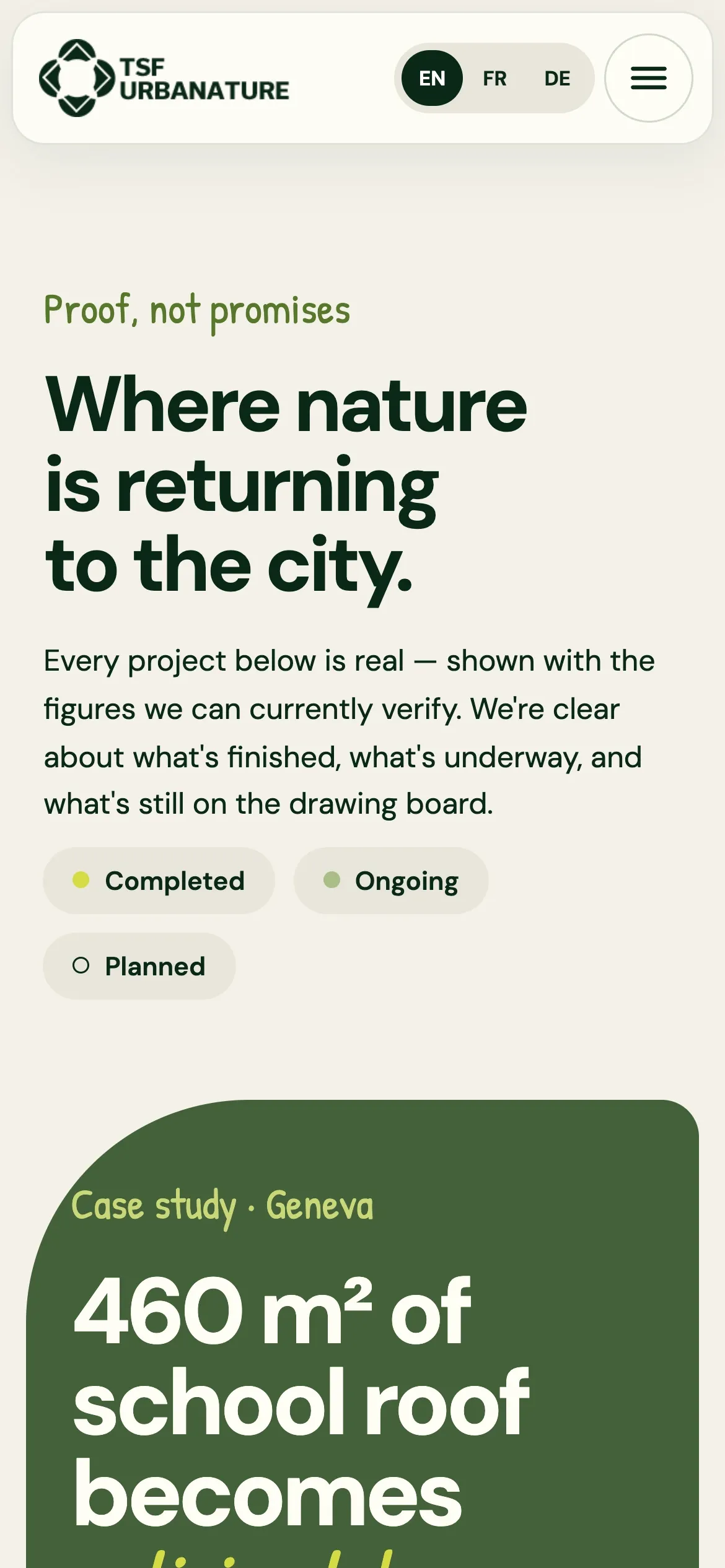 Projects page on a phone, with Completed, Ongoing and Planned filters.