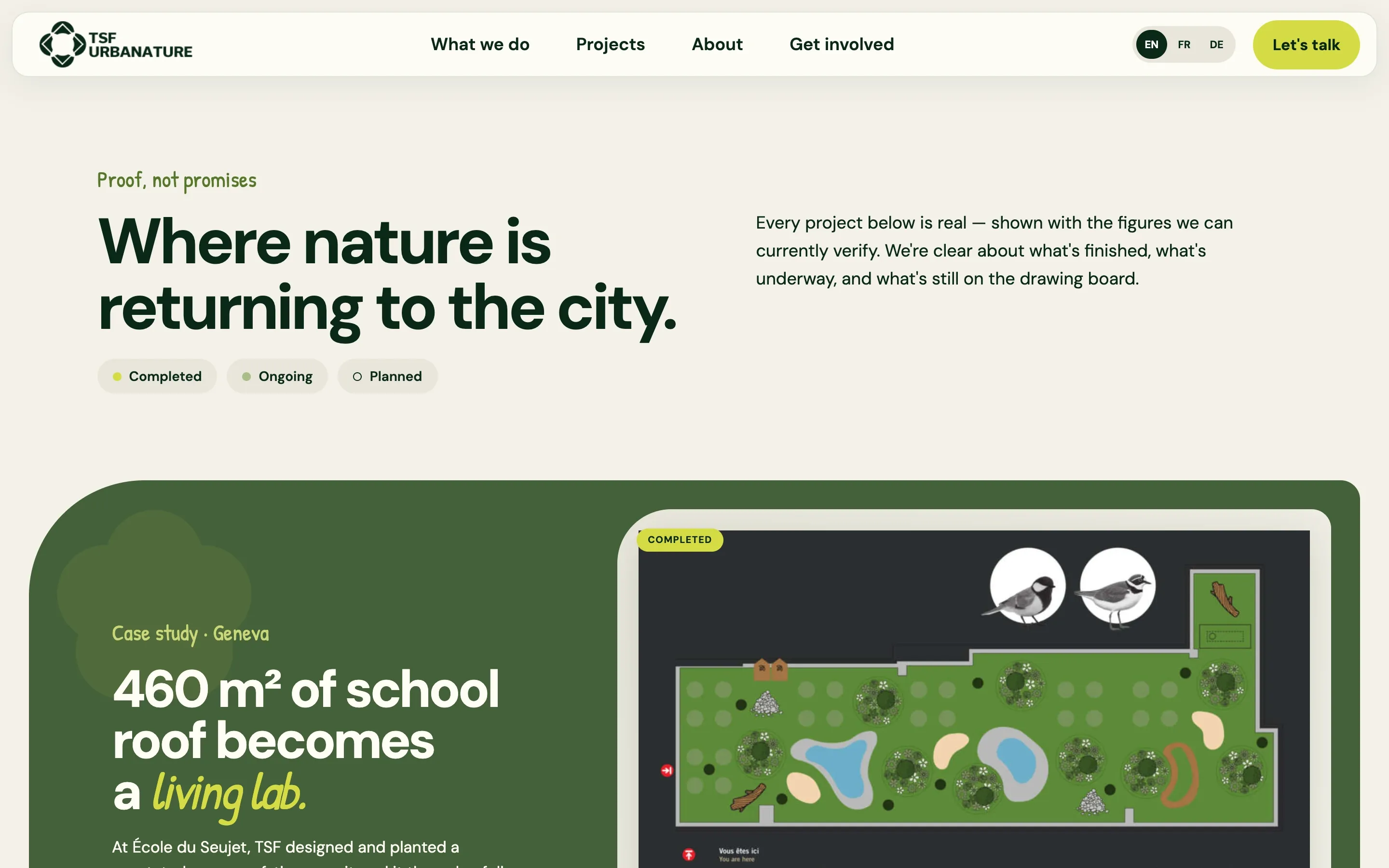 New projects page: “Where nature is returning to the city”, status filters, and the École du Seujet roof with its site plan.