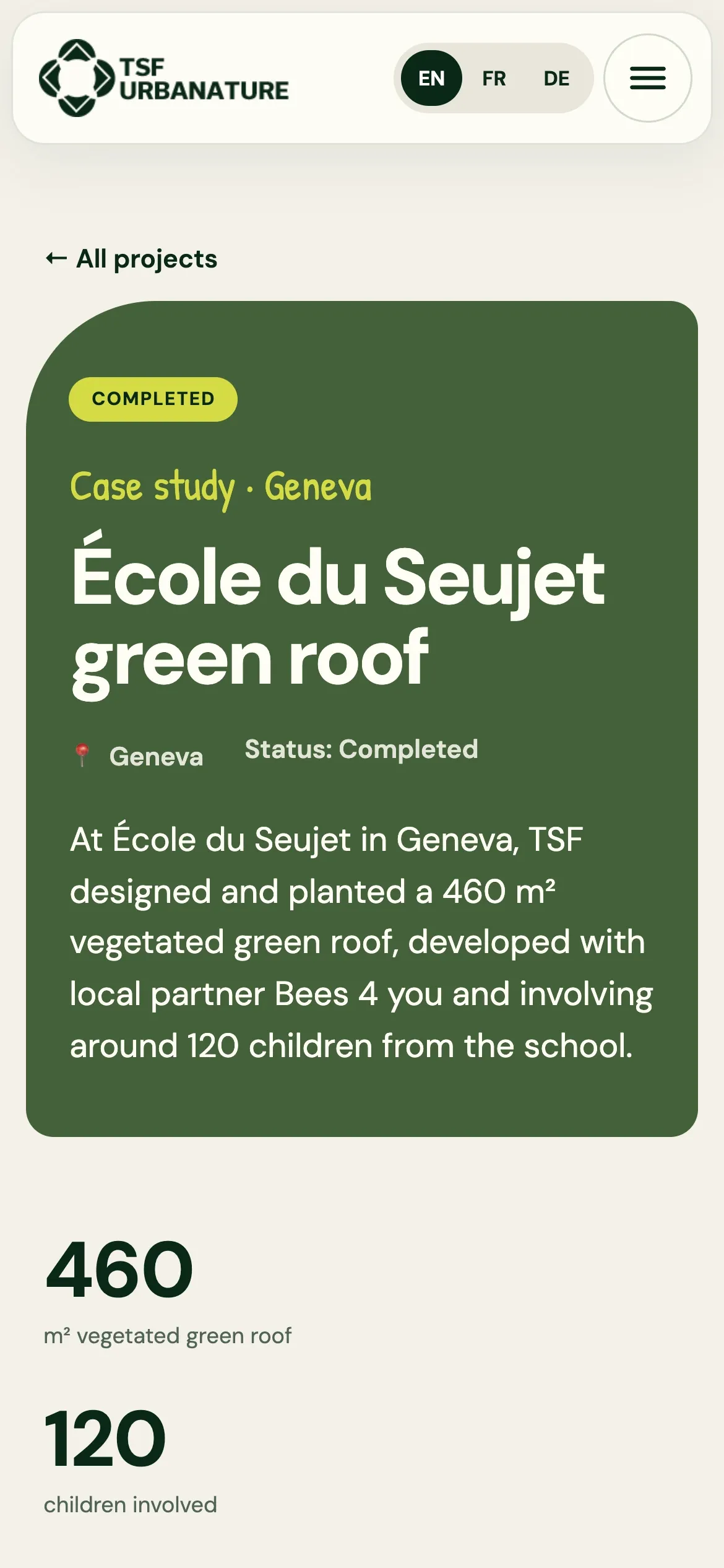 École du Seujet project page on a phone, with its Completed badge and figures.