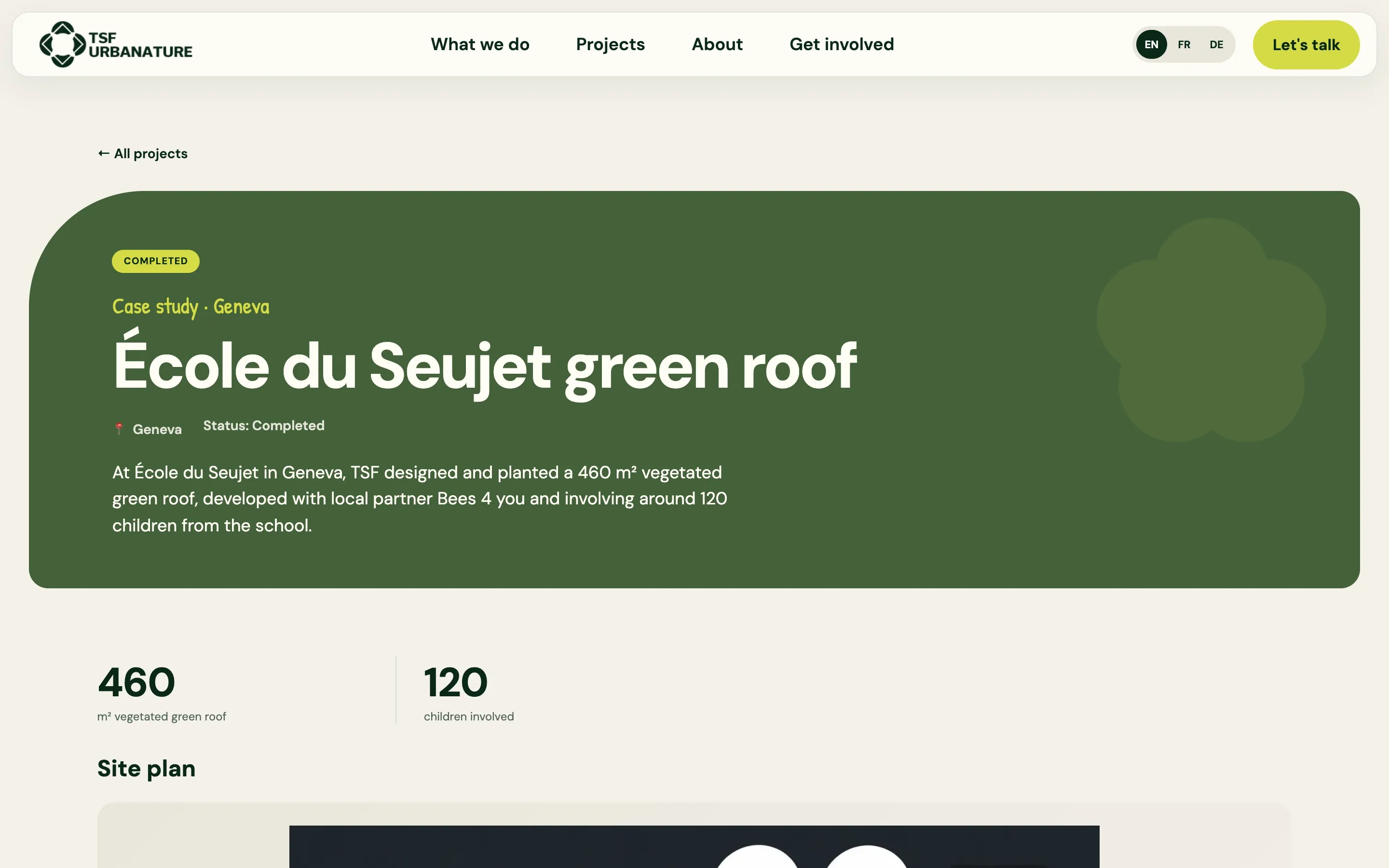 École du Seujet project page: a Completed badge, a short summary, and the figures 460 m² vegetated green roof and 120 children involved.