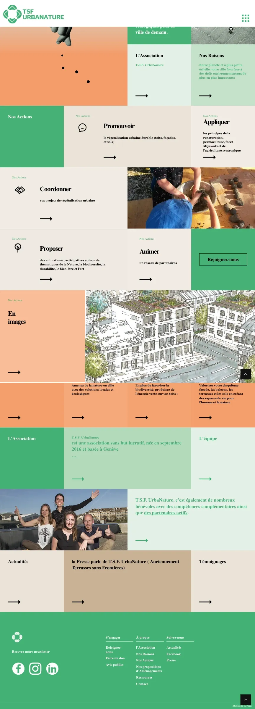 The old TSF homepage from top to bottom: a grid of coloured tiles, most labelled “Nos Actions”, with arrows and a single “Rejoignez-nous” button.
