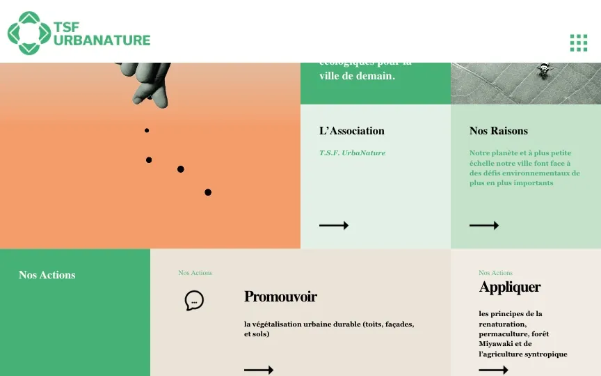The old homepage’s first screen: a logo, a grid icon for the menu, and a mosaic of coloured tiles headed L’Association and Nos Raisons.